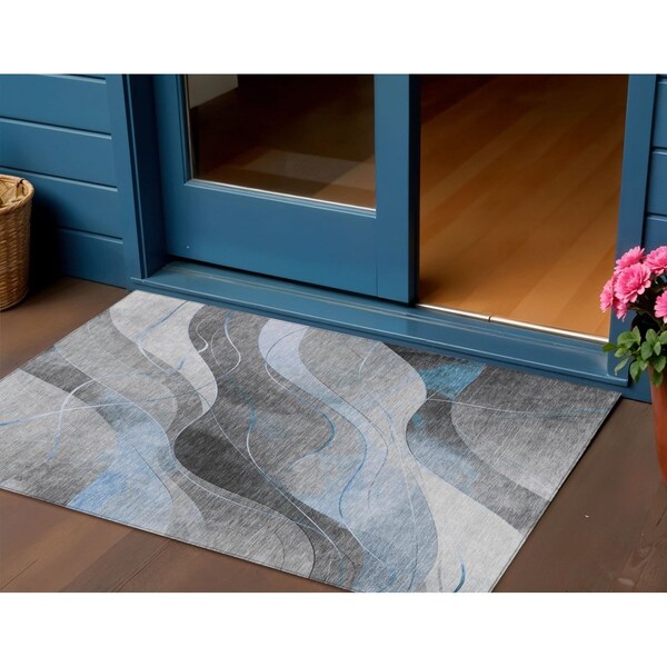 Homeroots 3' X 5' Sky Blue Gray And Silver Abstract Washable Indoor Outdoor Area Rug 616766 - main