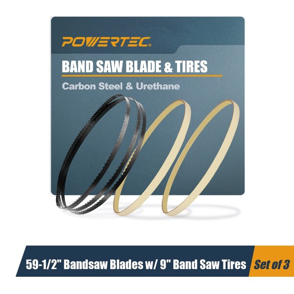 Powertec 59-1/2" x 1/8" x 14 TPI Carbon Steel Band Saw Blades Assortment & 9" Band Saw Tires for Grizzly 13705 - main