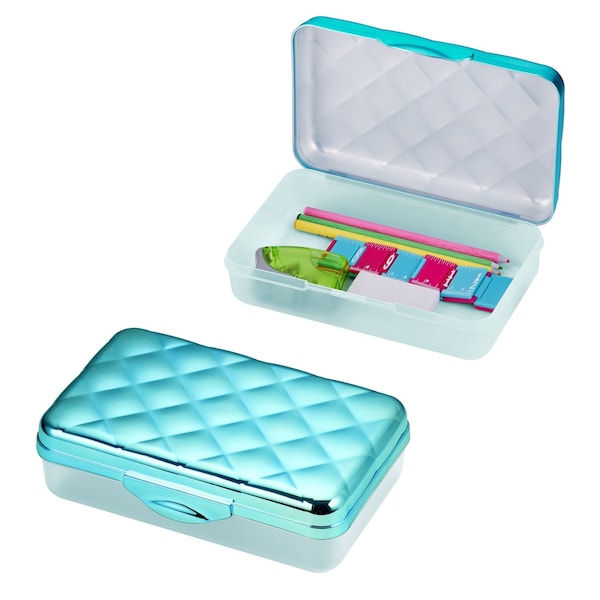 Lockermate By Bostitch Metallic Pencil Case Box, Hard Plastic, Stylish Quilted-Pattern Lid, Blue 23130-TQ21-DM - main