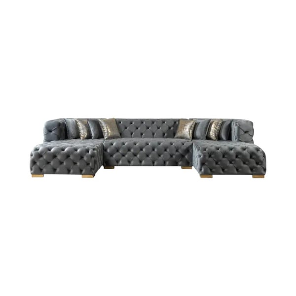Homeroots Tufted Gray Velvet Modular U Shaped Sofa and Chaise Sectional With Toss Pillows 642272 - main