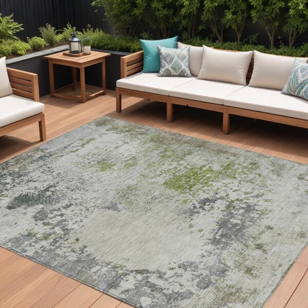 Homeroots 8' X 10' Linen Fern Green And Beige Abstract Washable Indoor Outdoor Area Rug 630798 - main