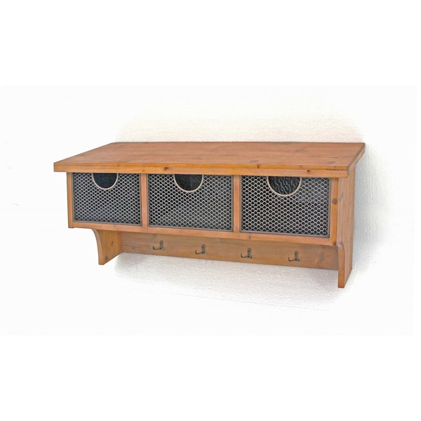 Homeroots Brown Rustic Wooden Wall Shelf With 3 Drawers And Hooks 274502 - main