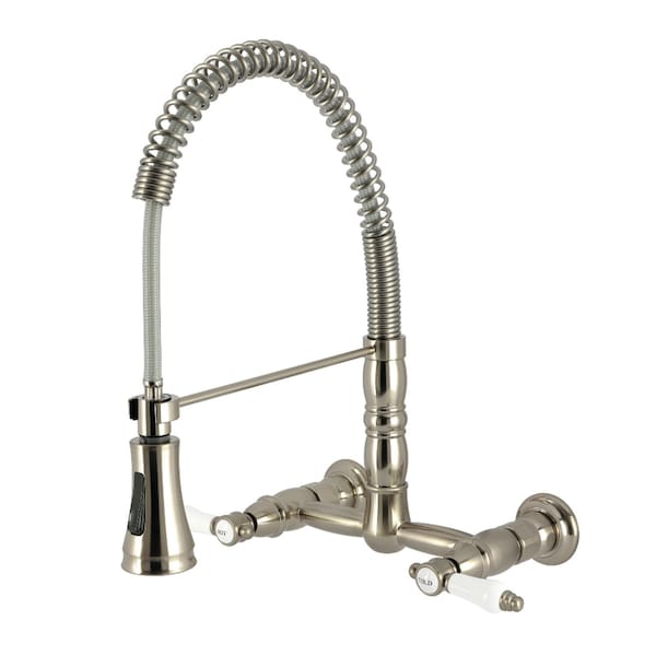 Kingston Brass Double-Handle Wall-Mount Pre-Rinse Bridge Kitchen Faucet, Brushed Nickel GS1248BPL - main