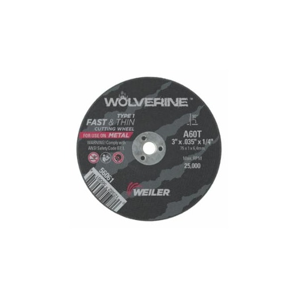 Weiler Wolverine Cut-Off Wheel, Type 1, AO, 3 in dia x 1/4 in AH x 0.035 in Thick, 60T, 1 EA/EA 804-56061 - main