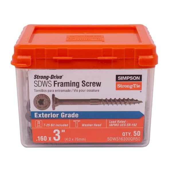Simpson Strong-Tie Exterior Wood Screw, No 8 Thread, 3 in L, Serrated Thread, Low Profile Head, Steel, 50PK SDWS16300QR50 - main