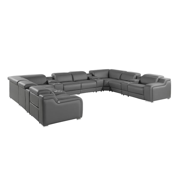 Homeroots Dark Gray Italian Leather Power Reclining U Shaped Twelve Piece Corner Sectional With Console 632556 - main