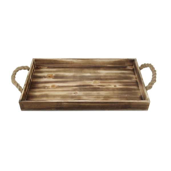 Homeroots 20in Brown Distressed Wood Handmade Serving Tray With Rope Handles 399628 - main