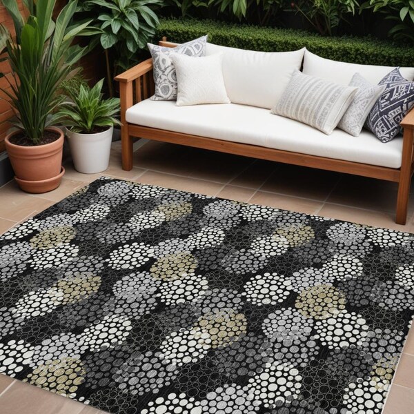 Homeroots 8' X 10' Black Gray And Ivory Polka Dot Washable Indoor Outdoor Area Rug 594217 - main