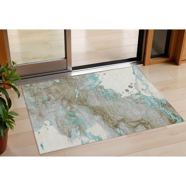 Homeroots 3' X 5' Teal Blue And Brown Abstract Washable Indoor Outdoor Area Rug 631891 - main