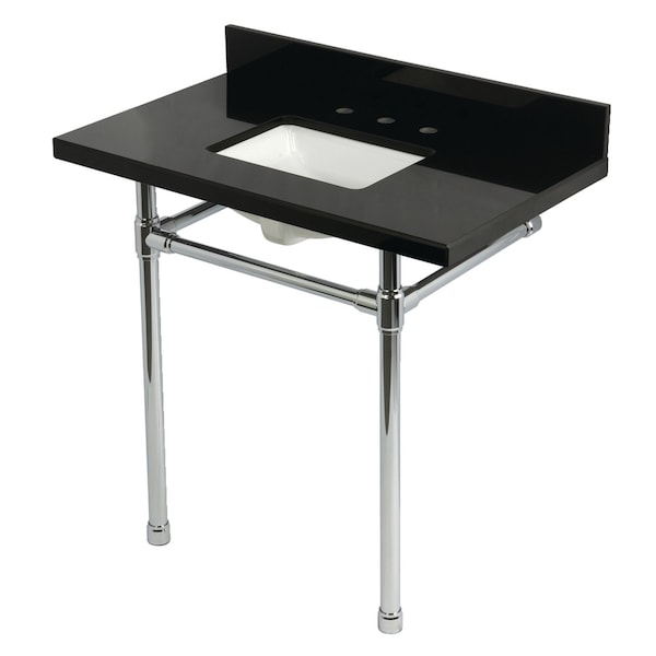 Kingston Brass 36-Inch Black Granite Console Sink with Stainless Steel Legs, 8-Inch, 3-Hole KVPK36K8SQ1ST - main