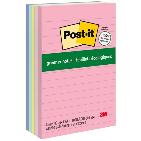 3M Post-it Note Pads, Lined, Recycled, 4inx6in, 5PK 660RPA - main