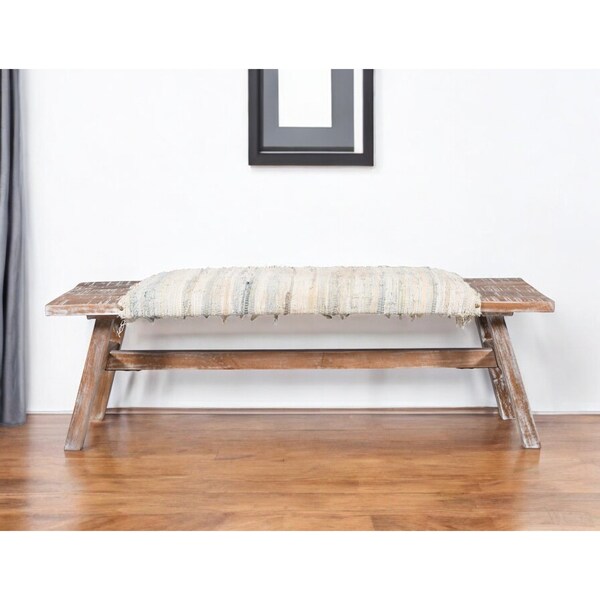 Homeroots 50" White and Brown Cotton Upholstered Striped Bench 548263 - main