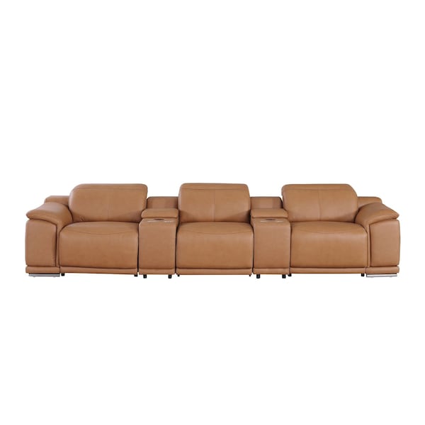 Homeroots 134" Chestnut Italian Leather Reclining Metal USB Sofa 720295 - main