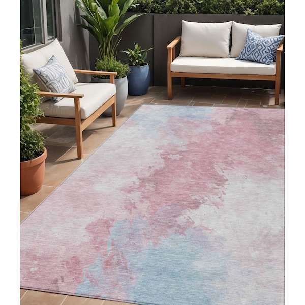 Homeroots 5' X 8' Blush Ivory And Blue Abstract Washable Indoor Outdoor Area Rug 617390 - main