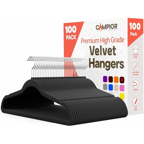 Campior Premium Velvet Non-Slip Hangers, Heavy Duty, 360 Deg Swivel Hook, Black Velvet Finish, 100PK CMPVVH100BK - main