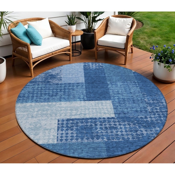 Homeroots 8' Navy Blue And Sky Blue Round Geometric Washable Indoor Outdoor Area Rug 612450 - main