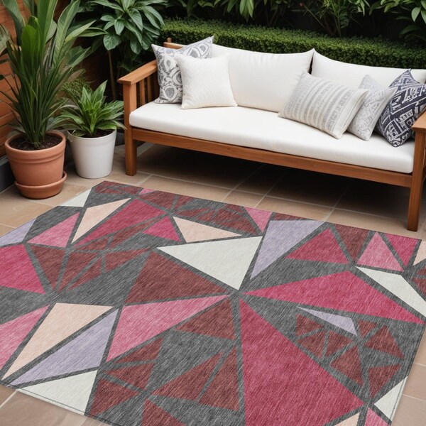 Homeroots 9' X 12' Burgundy Pink And Charcoal Geometric Washable Indoor Outdoor Area Rug 600358 - main
