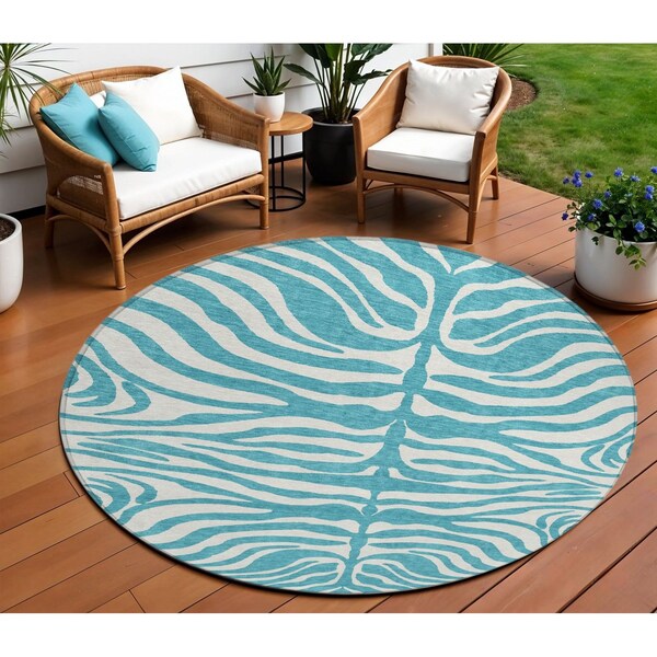 Homeroots 8' Teal Blue And Ivory Round Animal Print Washable Indoor Outdoor Area Rug 600662 - main