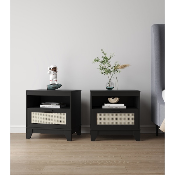 Manhattan Comfort Sheridan Modern Cane Nightstand in Black, 2PK 2-NS-5GLF-BK - main