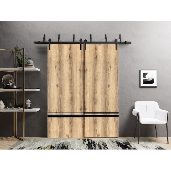Sartodoors Slab Barn Door Panel, Planum 0012 Oak and Aluminum Strips, Sturdy Finished Flush Modern Doors, Pock PLANUM0012S-DUB-24 - main