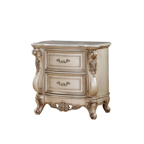 Homeroots 32" Antiqued White Two Drawers Mirrored Nightstand 347174 - main