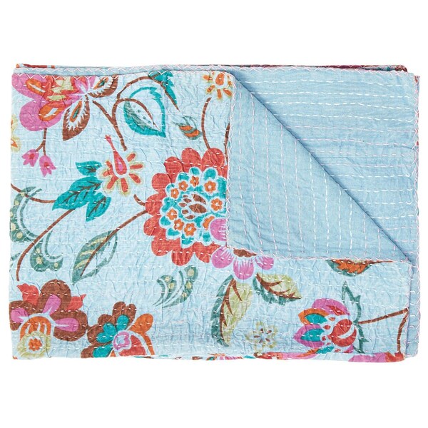 Homeroots 50" X 70" Blue and Brown Kantha Cotton Floral Throw Blanket with Embroidery 357557 - main