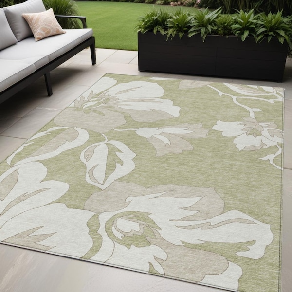Homeroots 5' X 8' Artichoke Green Ivory And Taupe Floral Washable Indoor Outdoor Area Rug 589519 - main
