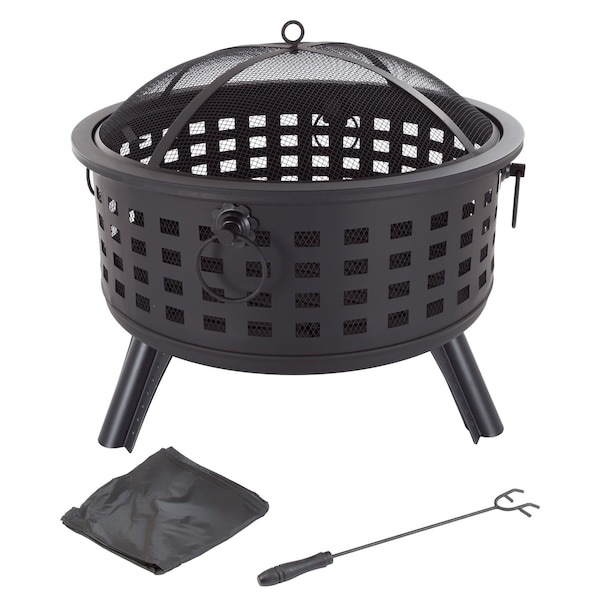Pure Garden 25-Inch Round Outdoor Wood Burning Firepit/Fireplace, Black 50-FP189 - main