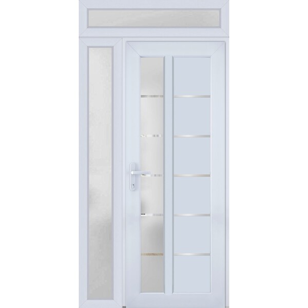 Vdomdoors Front Exterior Prehung FiberGlass Door Frosted Glass / Manux 8088 White Silk / Sidelight and Transo MANUX8088EXD-WS-W30+12 x H80+14-RH - main