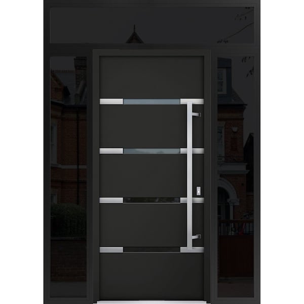 Vdomdoors Steel Door Deux 1105 Black Enamel 2 Sidelight and Transom Window Sidelite Stainless Inserts Entry D DEUX1105EXD-BLK-W12+36+12 x H80+16-LH-I - main