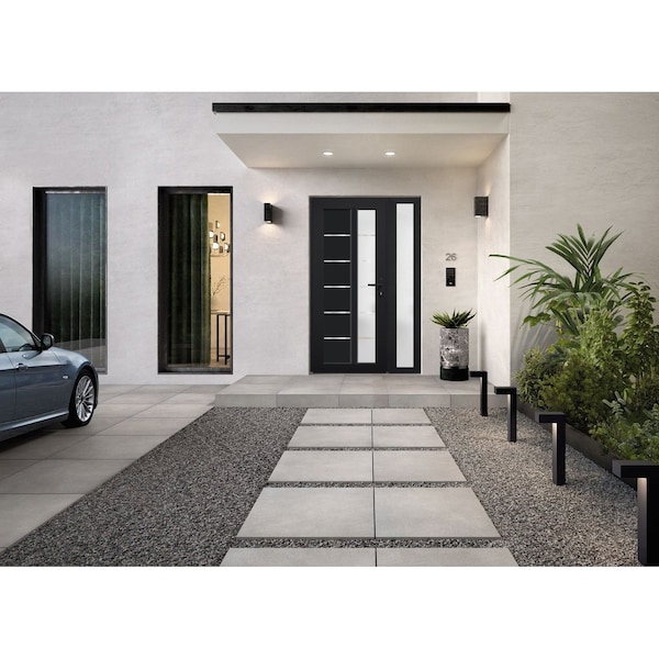 Vdomdoors Front Exterior Prehung FiberGlass Door Frosted Glass / Manux 8088 Matte Black / Sidelight Exterior MANUX8088EXD-BLK-W30+16 x H80-LH - main