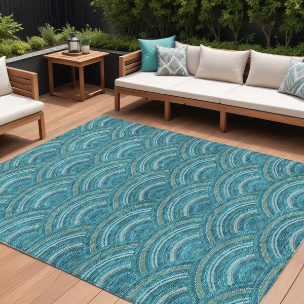 Homeroots 9' X 12' Teal Blue Fern Green And Ivory Geometric Washable Indoor Outdoor Area Rug 615240 - main