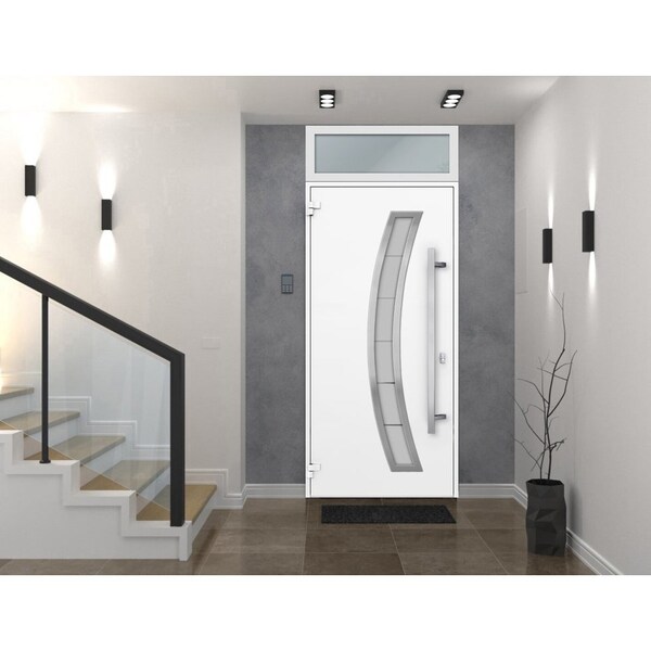 Vdomdoors Steel Door Deux 6500 White Transom Window Stainless Inserts Single Modern Painted-W36xH80+16-Right DEUX6500EXD-WS-W36 x H80+16-Right-hand Inswing - main