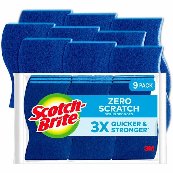 Scotch-Brite Zero Scratch Scrub Sponge, Cellulose Abrasive, 4.4 in L, 2.6 in W, Blue, 9PK 529-5 - main
