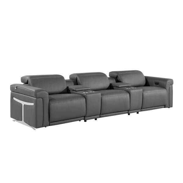 Homeroots 126" Dark Gray Top Grain Leather Reclining Metal USB Sofa 720367 - main
