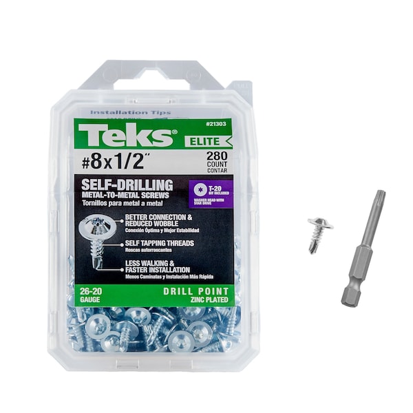Teks #8 x 1/2 in Metal-to-Metal Screws, Low Profile, Drill Point, Star Drive, w/ T-20 Bit, Zinc, 240PK 21303 - main