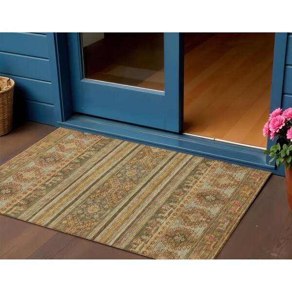 Homeroots 3' X 5' Beige Taupe And Gold Tribal Washable Indoor Outdoor Area Rug 615392 - main
