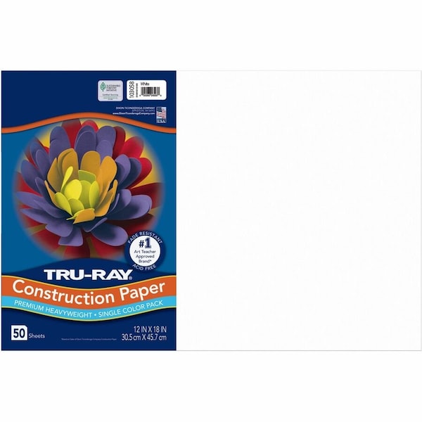 Pacon Tru-Ray® Construction Paper, White, 12" x 18", 50 Sheets/Pk, PK5 103058 - main
