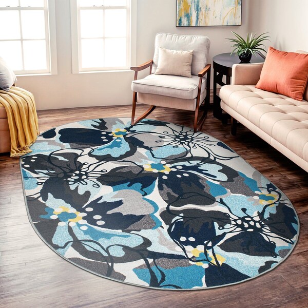 World Rug Gallery Modern Bright Flowers Non-Slip Area Rug 5 ft x 7 ft Oval Gray 505GRAY5OV - main