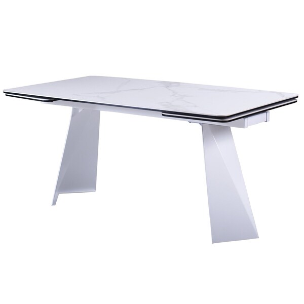 Homeroots 63" White Ceramic and Metal Self-Storing Leaf Pedestal Base Extendable Dining Table 555195 - main