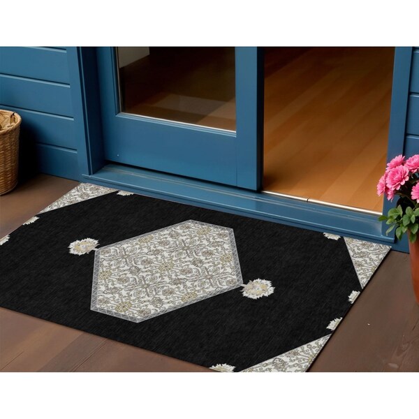 Homeroots 3' X 5' Black Gray And Ivory Oriental Washable Indoor Outdoor Area Rug 598172 - main
