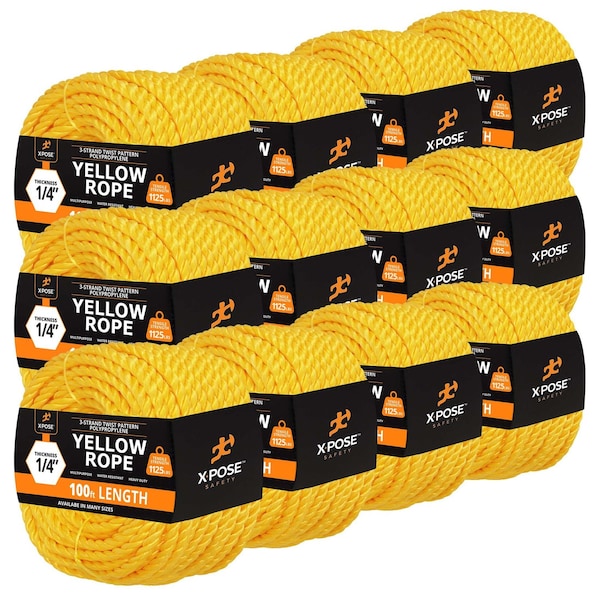 Xpose Safety 1/4in x 100 ft Twisted Polypropylene Rope, Yellow, 12PK YPR14-100-12-X - main