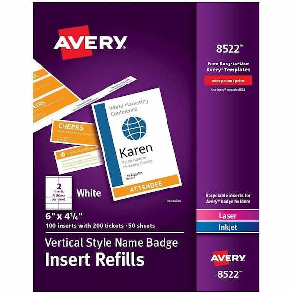 Avery reg Vertical Name Badge Ticket Inserts, White AVE8522 - main
