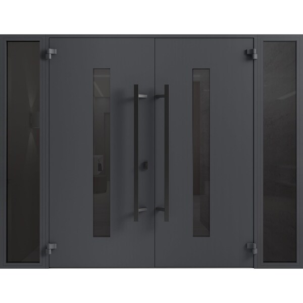 Vdomdoors Front Exterior Prehung Aluminum Double Doors Ronex0130 Grey 2 Sidelights Mirrored Clear Glass Entry RONEX0130DEXD-GRE-W16+72+16xH80-RH-O - main