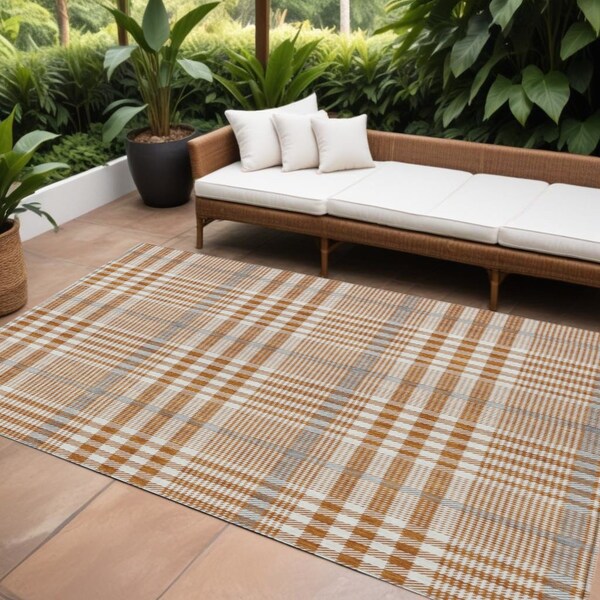 Homeroots 9' X 12' Brown Beige And Beige Plaid Washable Indoor Outdoor Area Rug 601504 - main
