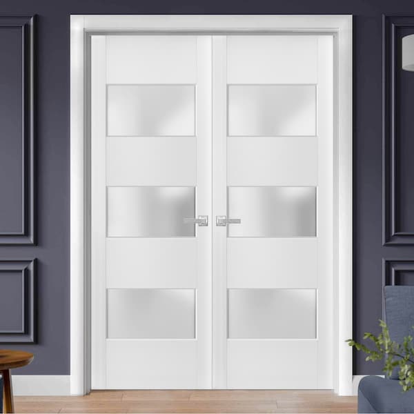 Sartodoors Solid French Double Doors Frosted Glass 3 Lites, Lucia 4070 White Silk, Wood Solid Panel Frame Trim LUCIA4070DD-WS-6496 - main