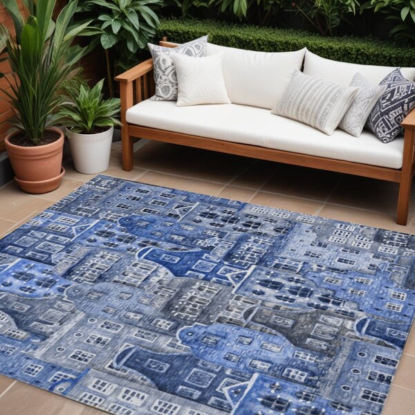 Homeroots 8' X 10' Navy Blue And Sky Blue Village Houses Washable Indoor Outdoor Area Rug 577850 - main