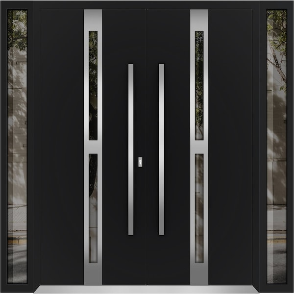Vdomdoors Aluminum Double Doors Deux 1755 Black Enamel Opaque Black Glass 2 Sidelights Entry Modern Painted 1 DEUX1755DEXD-BLK-W14+72+14xH96-RH-I - main