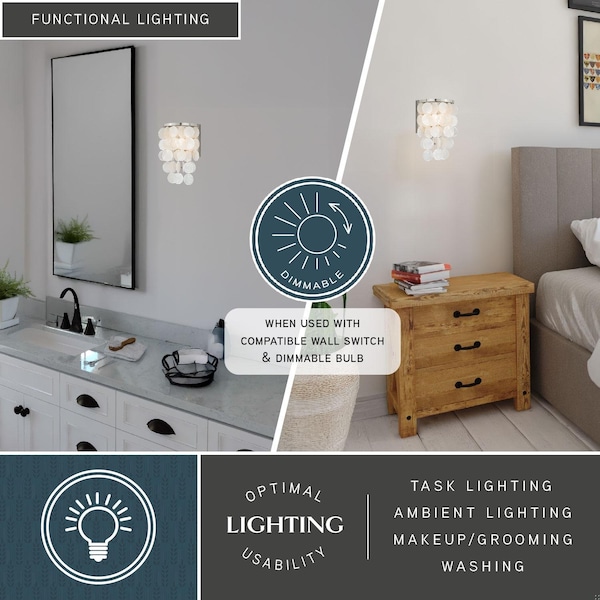 Vaxcel Elsa 1 Light Satin Nickel Capiz Shell Coastal Bathroom Wall Fixture W0151 - main