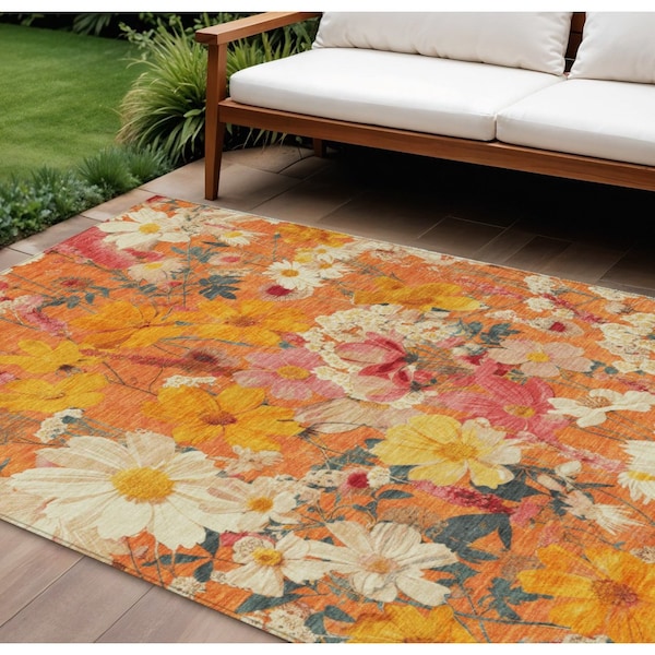 Homeroots 10' X 14' Orange Peach And Salmon Floral Washable Indoor Outdoor Area Rug 611209 - main